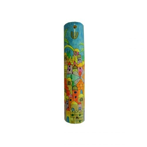 Yair Emanuel Small Hand Painted Wood Mezuzah Case - Colorful Jerusalem