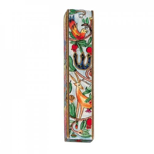 Yair Emanuel Small Hand Painted Wood Mezuzah Case - Deer and Birds