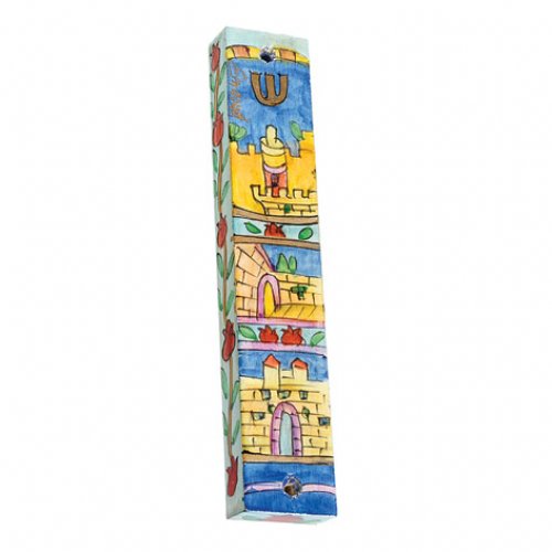 Yair Emanuel Small Hand Painted Wood Mezuzah Case - Jerusalem Gates