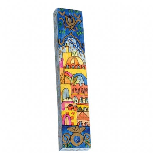 Yair Emanuel Small Hand Painted Wood Mezuzah Case - Jerusalem Panorama