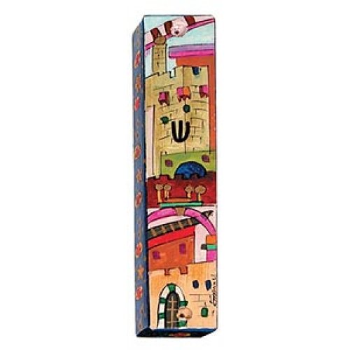 Yair Emanuel Small Hand Painted Wood Mezuzah Case - Jerusalem on Red