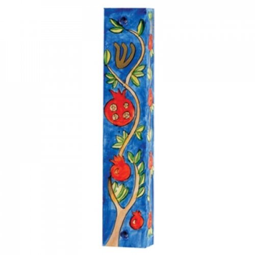 Yair Emanuel Small Hand Painted Wood Mezuzah Case - Pomegranates on Blue