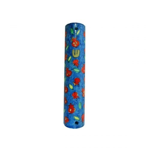 Yair Emanuel Small Hand Painted Wood Mezuzah Case - Red Pomegranates on Blue