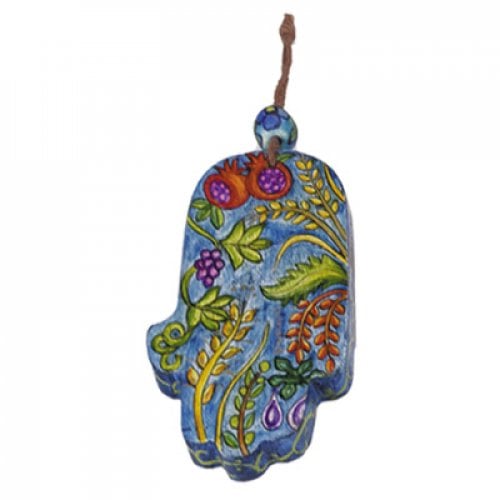 Yair Emanuel Small Hand Painted Wood Wall Hamsa, Blue - Seven Species