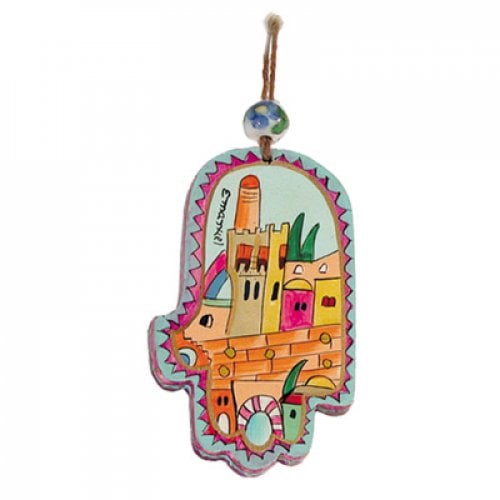 Yair Emanuel Small Hand Painted Wood Wall Hamsa, Colorful - Tower of David