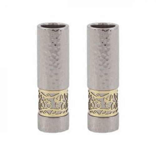 Yair Emanuel Small Shabbat Candlesticks, Gold Pomegranate Band - Hammered Silver