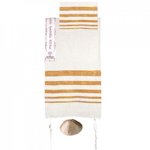 Yair Emanuel Small Silk Tallit Set, Embroidered Atara - Orange Stripes - 1 in stock