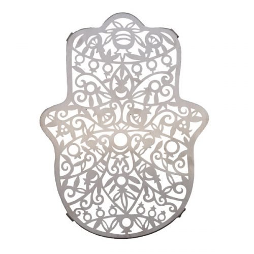 Yair Emanuel Stainless Steel Hamsa Shape Trivet Pot Holder  Pomegranate Design