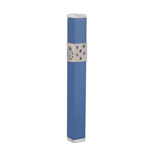 Yair Emanuel Stainless Steel Mezuzah Case, Cutout Pomegranates - Blue