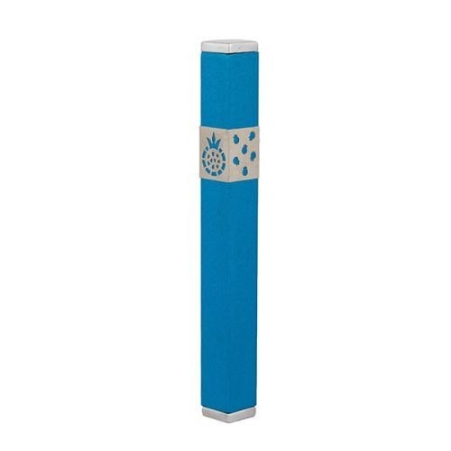 Yair Emanuel Stainless Steel Mezuzah Case, Cutout Pomegranates - Blue-Turquoise