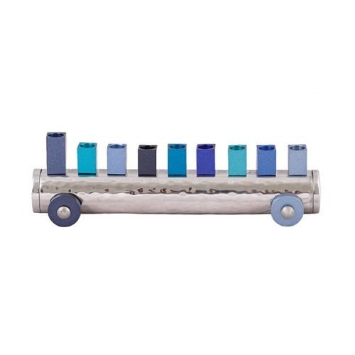 Yair Emanuel Train Hanukkah Menorah, Hammered Aluminum - Blue Shades