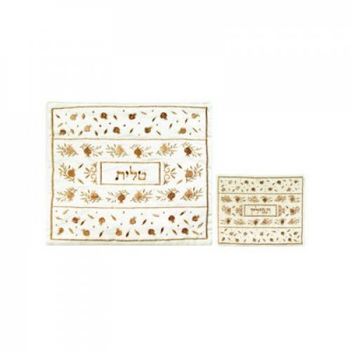 Yair Emanuel White Embroidered Tallit & Tefillin Bag Set - Gold Pomegranates