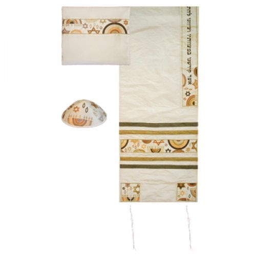 Yair Emanuel White Polysilk Tallit Set - Embroidered Gold Stars of David and Menorahs