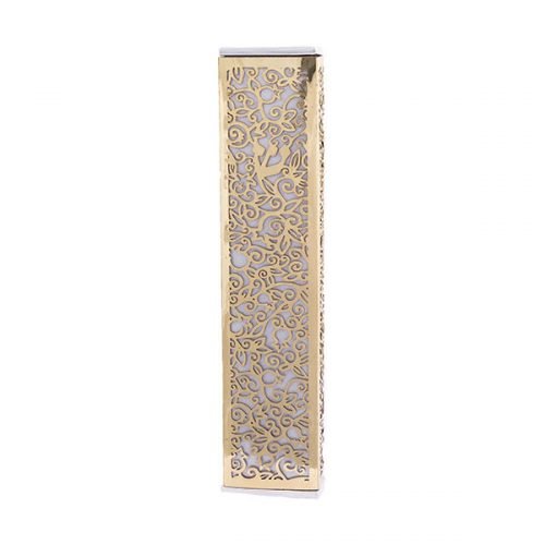 Yair Emanuel Wide Mezuzah Case, Cutout Pomegranates and Flowers - Copper