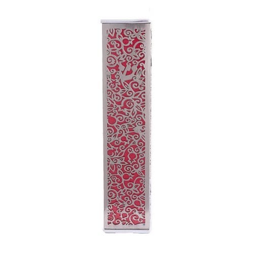 Yair Emanuel Wide Mezuzah Case, Cutout Pomegranates and Flowers - Red