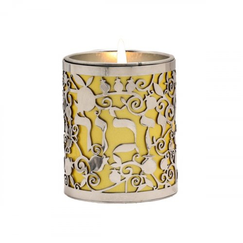 Yair Emanuel Yahrzeit Memorial Candle Holder, Yizkor & Pomegranates Cutout  Gold