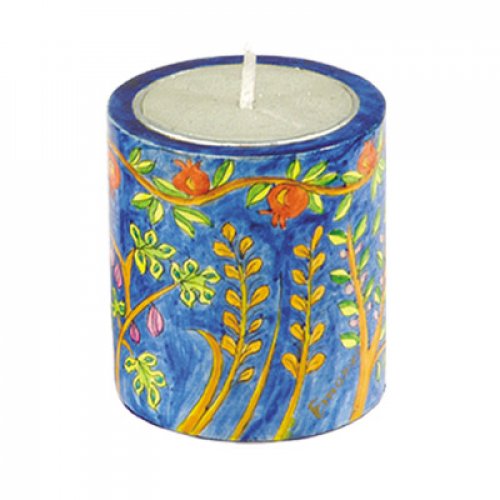 Yair Emanuel Yahrzeit Memorial Hand Painted Wood Candle Holder - Seven Species