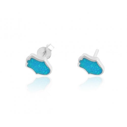 aJudaica Light Blue Opal Hamsa stud Earrings